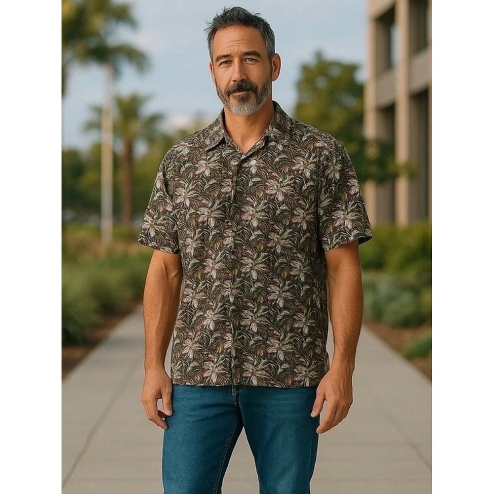 Tommy Bahama Mens Silk Cotton Toucan Tropical Palm Short Sleeve Button Shirt